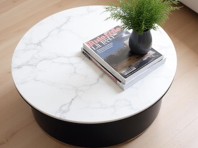 Rundt salongbord med marmorplate og metallbase