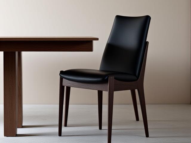Moderne spisestol i mørkt tre og skinn